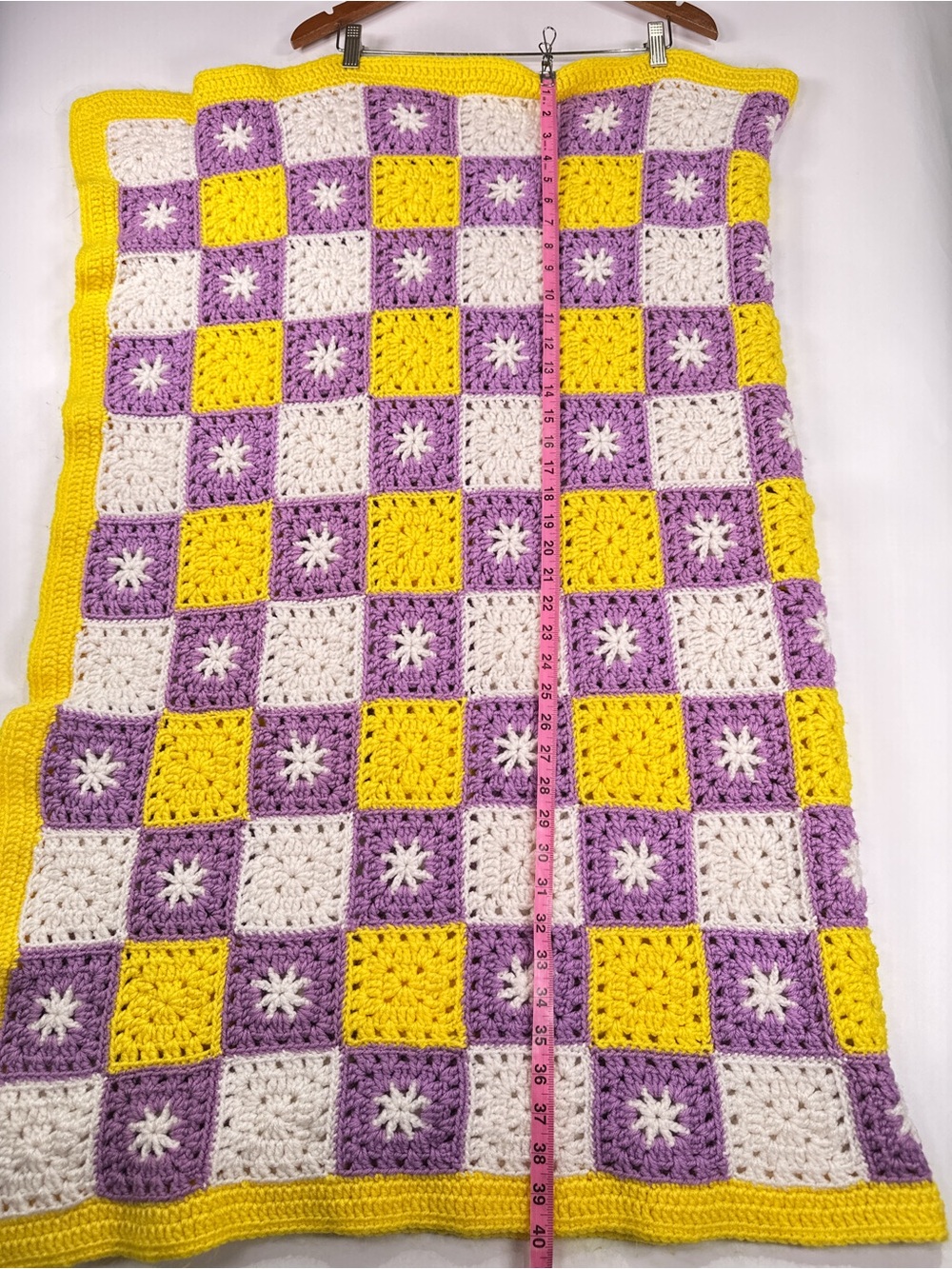 Handmade Vintage Granny Square Crochet Checkerboard Throw Purple Yellow 28x40 - Picture 7 of 9